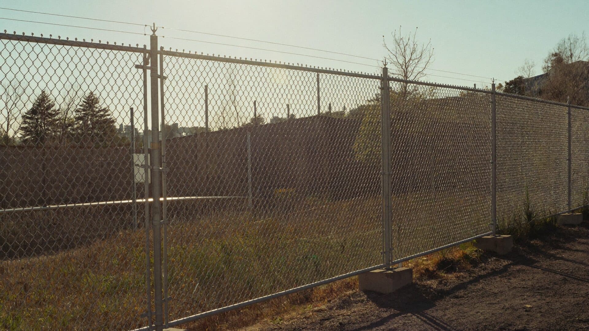 Wide view of a commercial chain-link fence line around a flat Northeast Florida lot at golden hour